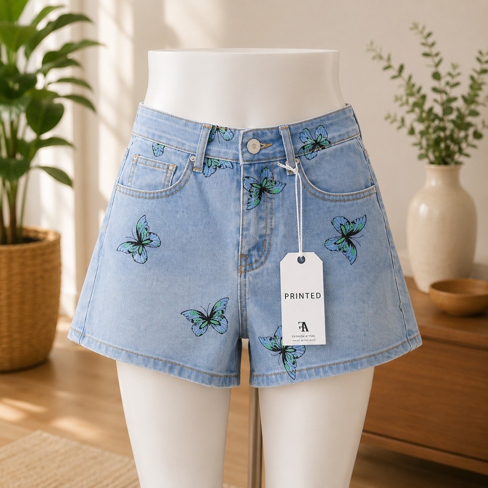 NWT Flying Angel Denim Shorts 7/28‎ Blue Butterfly Print High Rise GOGO-2878